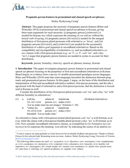 Pragmatic Person Features in Pronominal and Clausal Speech Act Phrases Hailey Hyekyeong Ceong* Abstract. This Paper Proposes