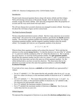 CHM 110 - Electron Configuration (R14)- ©2014 Charles Taylor 1/5