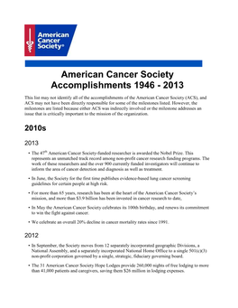 American Cancer Society Accomplishments 1946 - 2013