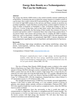 Energy Rate Density As a Technosignature: the Case for Stellivores Clément Vidal Vrije Universiteit Brussel