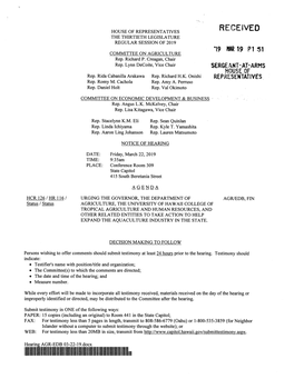 RECEIVED the THIRTIETH LEGISLATURE REGULAR SESSION of 2019 19 MAR19 P151 COMMITTEE on AGRICULTURE Rep