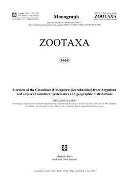 A Review of the Cetoniinae (Coleoptera: Scarabaeidae) from Argentina and Adjacent Countries: Systematics and Geographic Distributions