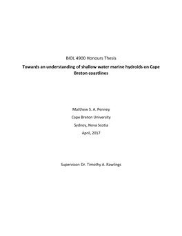 BIOL 4900 Honours Thesis Towards an Understanding of Shallow Water Marine Hydroids on Cape Breton Coastlines