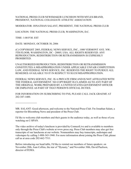 National Press Club Newsmaker Luncheon with Myles Brand, President, National Collegiate Athletic Association