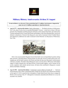 Military History Anniversaries 16 Thru 31 August