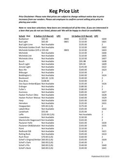 Keg Price List Price Disclaimer: Please Note That Prices Are Subject to Change Without Notice Due to Price Increases from Our Vendors