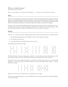 What Is a Braid Group? Daniel Glasscock, June 2012