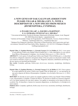 A New Genus of Oak Gallwasp, Kokkocynips Pujade-Villar & Melika Gen