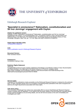 Nationalism, Constitutionalism and Sir Ivor Jennings' Engagement with Ceylon