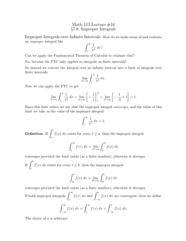 Math 113 Lecture #16 §7.8: Improper Integrals