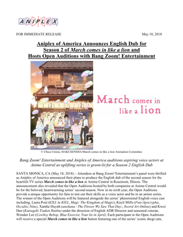 Aniplex of America Announces English Dub for Season 2 of March Comes in Like a Lion and Hosts Open Auditions with Bang Zoom! Entertainment