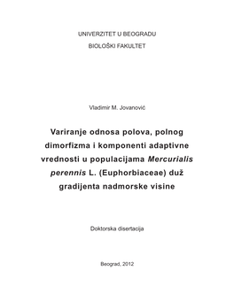 Variranje Odnosa Polova, Polnog Dimorfizma I Komponenti Adaptivne Vrednosti U Populacijama Mercurialis Perennis L