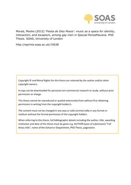 Morad, Moshe (2012) 'Fiesta De Diez Pesos': Music As a Space for Identity, Interaction, and Escapism, Among Gay Men in Special Periodhavana