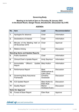 Governing Body Meeting to Be Held at 2Pm on Thursday 28 January 2021