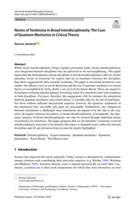 Norms of Testimony in Broad Interdisciplinarity: the Case of Quantum Mechanics in Critical Theory