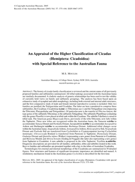 An Appraisal of the Higher Classification of Cicadas (Hemiptera: Cicadoidea) with Special Reference to the Australian Fauna