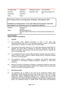 970 Chester Road, Land Opposite, Erdington, Birmingham, B24 Installation of Replacement 17.5M High Telecommunications Mast With