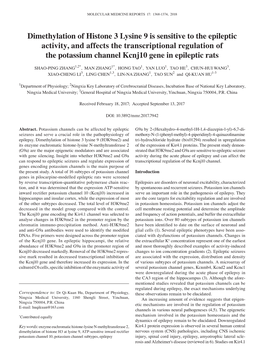 Dimethylation of Histone 3 Lysine 9 Is Sensitive to the Epileptic Activity