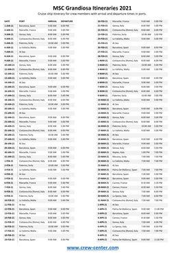 MSC Grandiosa Itineraries 2021 Cruise Ship Itinerary for Crew Members with Arrival and Departure Times in Ports