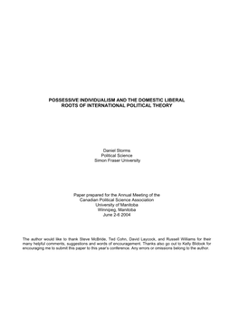 Possessive Individualism and the Domestic Liberal Roots of International Political Theory