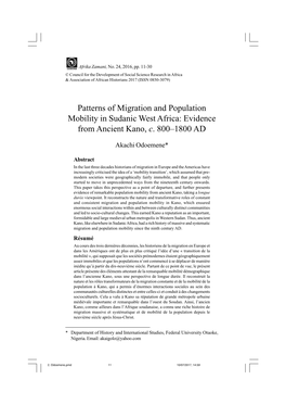 Patterns of Migration and Population Mobility in Sudanic West Africa: Evidence from Ancient Kano, C