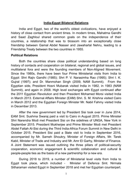 India-Egypt Bilateral Relations India and Egypt, Two of the World’S Oldest Civilizations, Have Enjoyed a History of Close Contact from Ancient Times