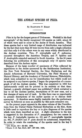 THE ANDEAN SPECIES of PILEA by Ellsworth P. Killip INTRODUCTION