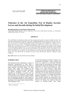 Tolerance to the Air Exposition Test of Hoplias Lacerdae Larvae and Juvenile During Its Initial Development