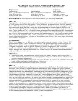 Xylem Specialists Colonizing Texas Vineyards: Abundance and Distribution Studied Through Generalized Additive Models