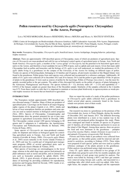 Pollen Resources Used by Chrysoperla Agilis (Neuroptera: Chrysopidae) in the Azores, Portugal