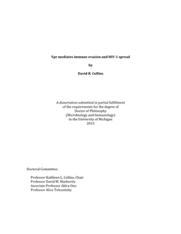 Vpr Mediates Immune Evasion and HIV-1 Spread by David R. Collins A