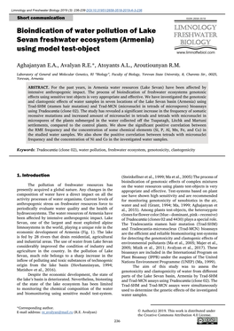 Bioindication of Water Pollution of Lake Sevan Freshwater Ecosystem (Armenia) Using Model Test-Object