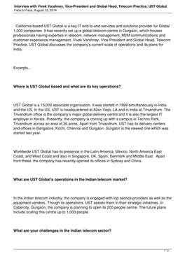 Interview with Vivek Varshney, Vice-President and Global Head, Telecom Practice, UST Global Face to Face, August 12, 2014