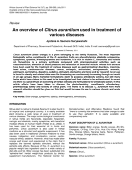 An Overview of Citrus Aurantium Used in Treatment of Various Diseases