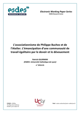 L'associationnisme De Philippe Buchez Et De L'atelier. L
