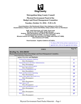 Metropolitan King County Council Physical Environment Panel of the Budget and Fiscal Management Committee Tuesday, October 11, 2016 – 9:30 A.M