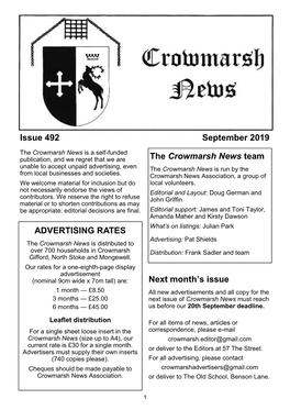 Issue 492 September 2019 Next Month's Issue ADVERTISING RATES the Crowmarsh News Team