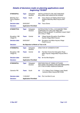 Details of Decisions Made on Planning Applications Week Beginning 7/5/2007