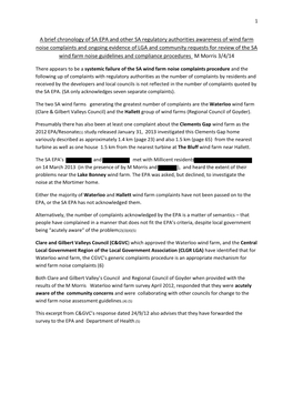 A Brief Chronology of SA EPA and Other SA Regulatory Authorities Awareness of Wind Farm Noise Complaints and Ongoing Evidence Of