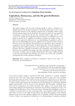 Capitalism, Democracy, and the De-Growth Horizon Leandro Vergara-Camus Department of Development Studies SOAS University of London