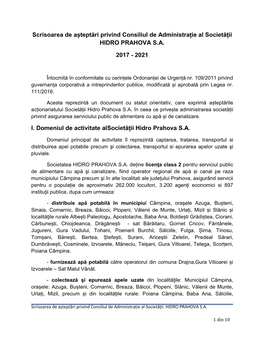 Scrisoarea De Așteptări Privind Consiliul De Administrație Al Societății HIDRO PRAHOVA S.A