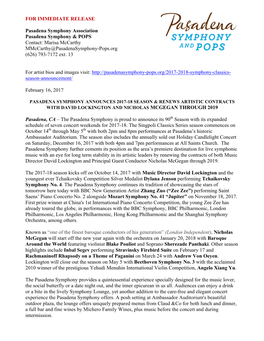 FOR IMMEDIATE RELEASE Pasadena Symphony Association