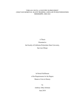 Choctaw Removal, Slave Trading, and Law in Southwestern Mississippi, 1800-1841