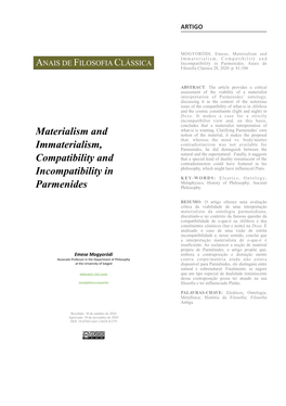 Materialism and Immaterialism, Compatibility and Incompatibility in MOGYORÓDI, Emese Parmenides