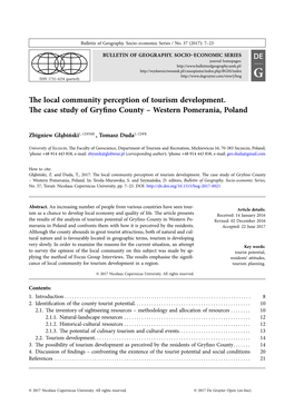 The Local Community Perception of Tourism Development. the Case Study of Gryfino County – Western Pomerania, Poland