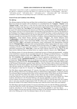 TERMS and CONDITIONS of the OFFERING “Subscription” Means Below an Offer Or Commitment Provided by an Investor in the Offeri