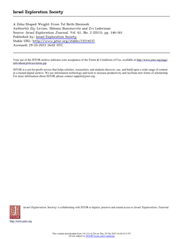 A Zebu-Shaped Weight from Tel Beth-Shemesh Author(S): Ely Levine, Shlomo Bunimovitz and Zvi Lederman Source: Israel Exploration Journal, Vol
