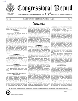 Congressional Record United States Th of America PROCEEDINGS and DEBATES of the 114 CONGRESS, SECOND SESSION