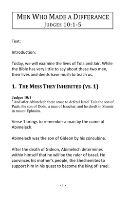 Men Who Made a Differance Judges 10:1-5