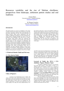 Resources Variability and the Rise of Tahitian Chiefdoms